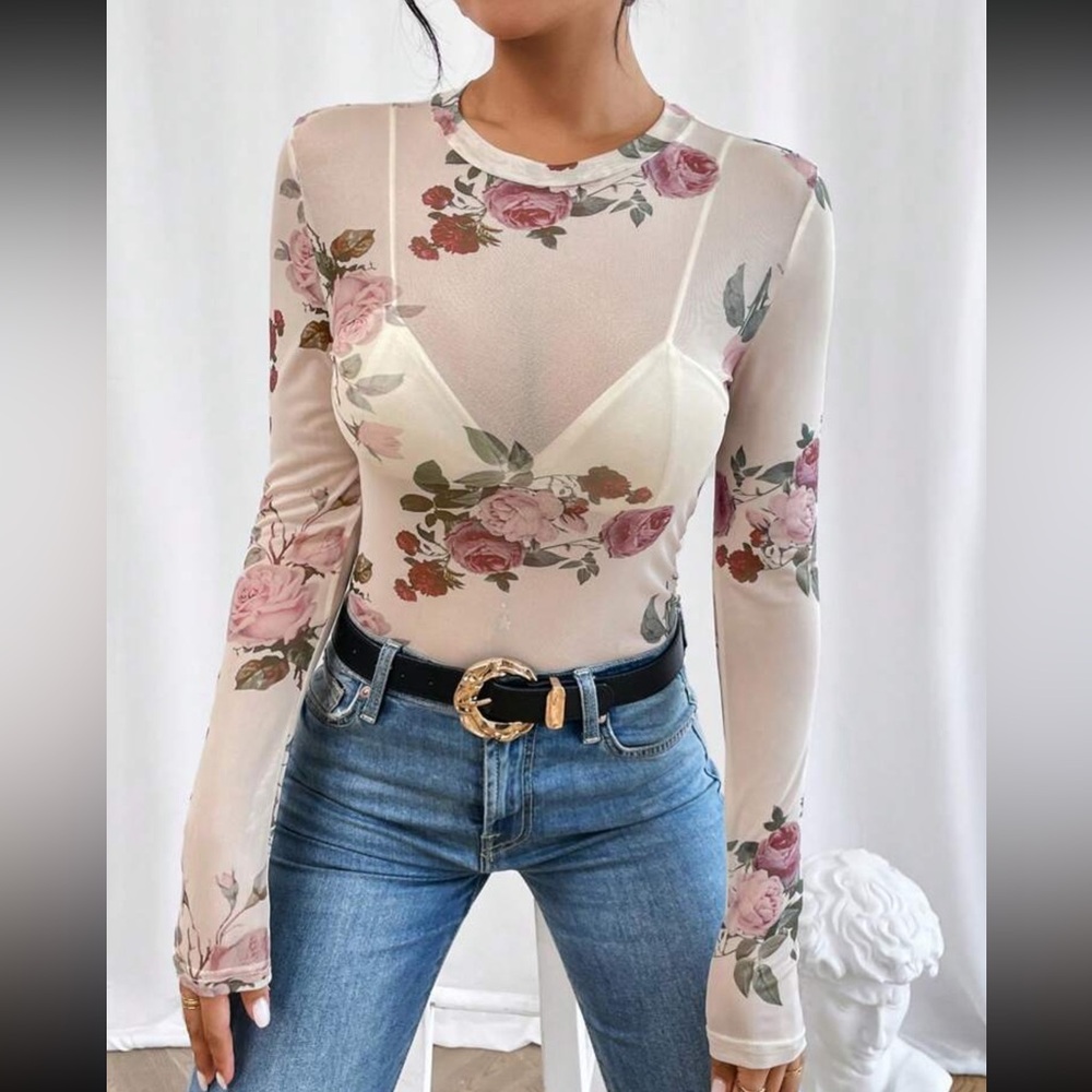 White Floral Mesh Sheet Shirt Long Sleeve, See-Through Top - Picture 3 of 6